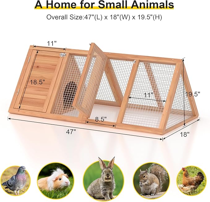 Rabbit Hutch Outdoor Chicken Coop Run A-Frame Bunny Cage Wooden Quail Cage w/ 2 Door & Ventilated Wire Fence Small Animal Cage for Garden Backyard Farms 47 x 18 x 19.5 in
