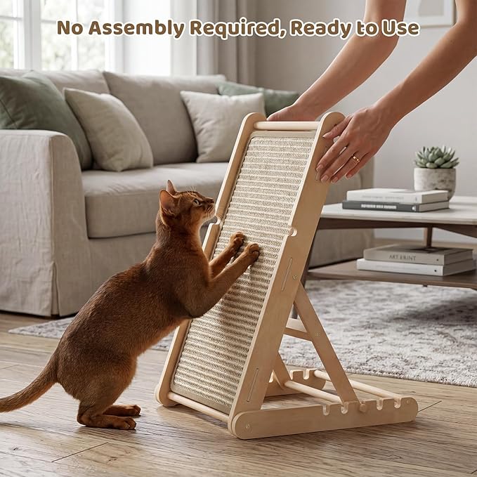 XiaZ Sisal Cat Scratcher, 31" Wooden Cat Scratching Board with 5 Adjustable Heights, Replaceable Sisal Mat and Angled Scratch Pad for Indoor Cats, Ready to Use, No Assembly Required