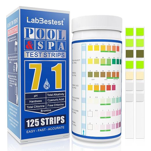 Pool Test Strips Spa Hot Tub Pool Water Testing Kit (7-Way) | Swimming Pool Water Tester Strips Kit - Rapid Accurate Easy to Test pH, Hardness, Cyanuric Acid, Chlorine, Bromine, and More