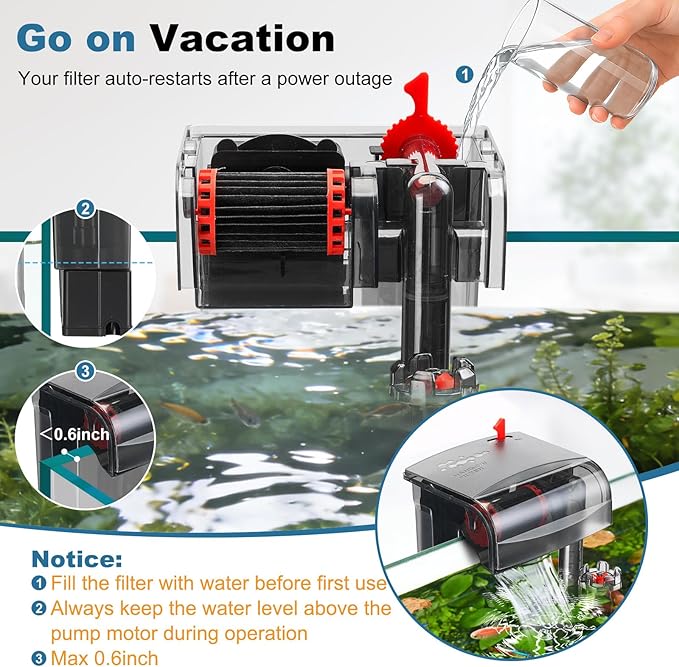 Small Fish Tank Filter, Hang On Back Aquarium Filter, Quiet Adjustable Flow Expandable Hose for 10-25 Gal, 3-Stage Filtration System with Surface Skimmer for Circulation and Aeration, 93GPH 5W