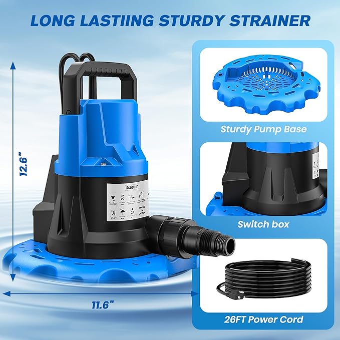 1 HP Automatic Pool Cover Pump 5000 GPH - Submersible Water Removal Pump with 26ft Power Cord & 3/4” Check Valve for Pool, Hot Tubs, Rooftops, Water Beds and more (2026 Upgrade）