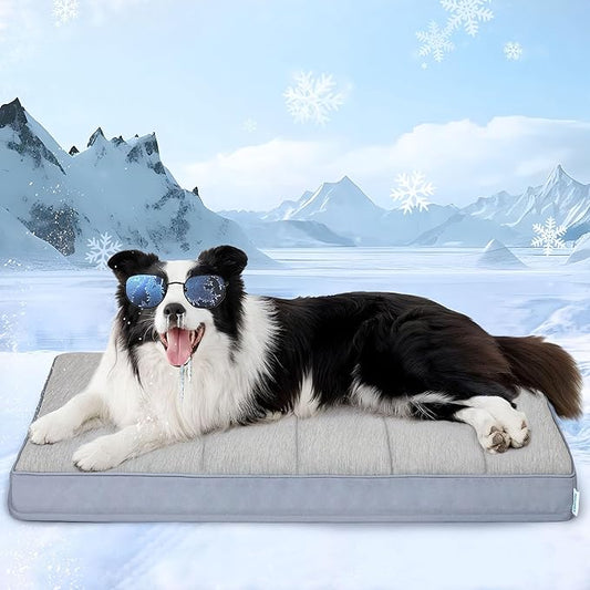 Cooling Dog Bed for Large Dogs - Orthopedic Pet Beds with Memory Foam, QMAX>0.5, Waterproof Removable Washable Cover for Hot Weather, Gery, 35" L x 23" W x 3" H
