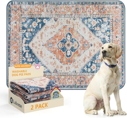 Lahome Reusable Washable Puppy Pads - 2 Pack Super Absorbent & Waterproof Dog Training Mats for Potty, Crate and Floor - Leakproof Pee Pads with Non-Slip Backing (Beige Blue, 36"x48")