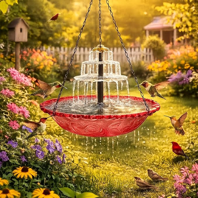 Solar Cascade Hanging Bird Bath Fountain, 2026 New Outdoor Hanging Bird Bath with Solar Fountain, Large Humming Birds Baths Fountains, with Solars Pump & Glass Bowl, for Outdoor, Gardens (#2)