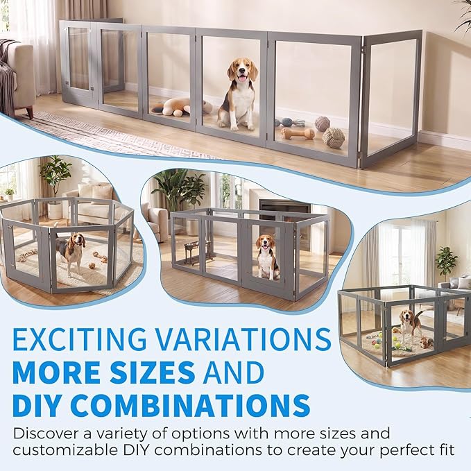 Heavy Duty Clear Acrylic Dog Playpen for Small/Medium Pets – 32" High Clear Pet Pen with Sturdy Metal Frame, Walk-in Kennel, Expandable Indoor & Outdoor Pet Play Yard (Grey, 2 Panel)