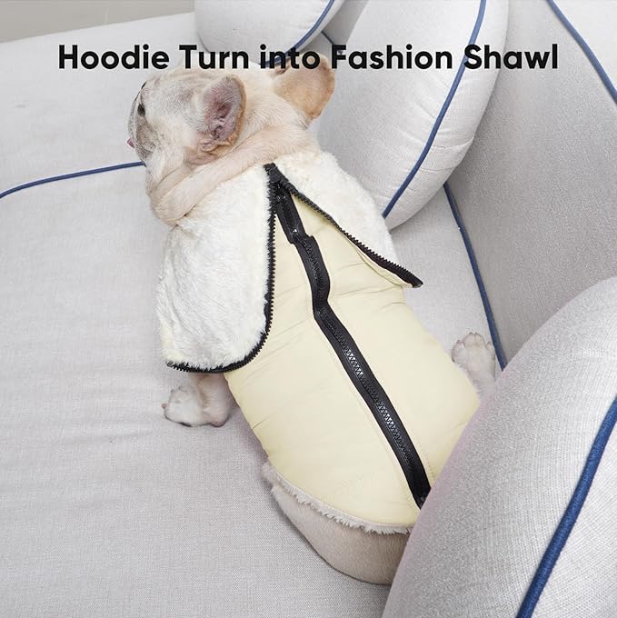Vecomfy Fleece Lining Dog Hoodie with Harness Built in,Extra Warm Small Dog Jacket in Winter Puppy Coats with Hooded,Light Yellow M