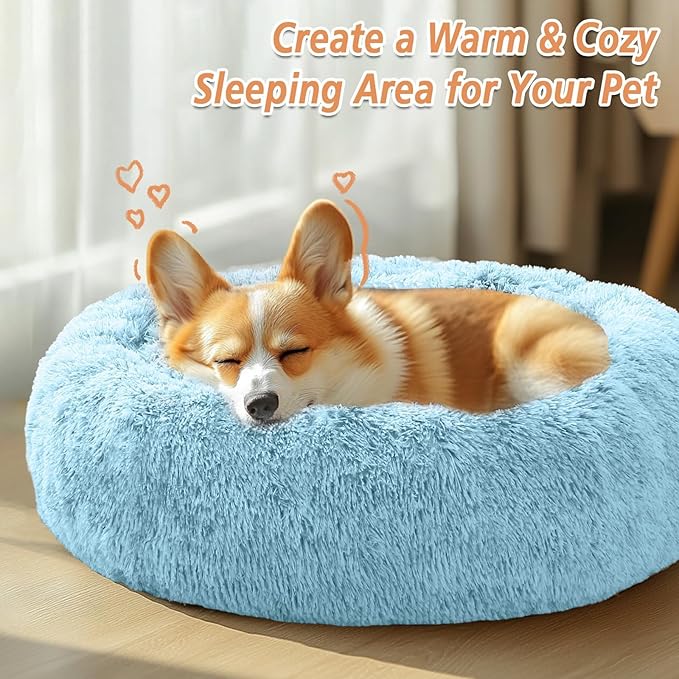 JOLLYVOGUE Calming Dog Bed Medium Size Dog, 31in Donut Washable Medium Pet Bed, Anti-Slip & Anti-Anxiety Fluffy Faux Fur Round Dogs Bed, Fits up to 45 lbs Pets (Light Blue)