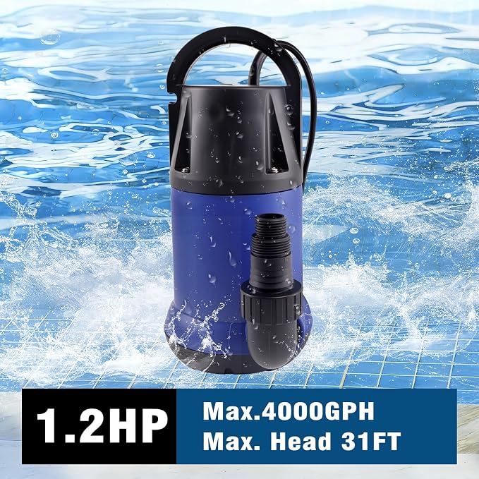 1.2HP Submersible Water Pump, 4000GPH Water Pump for Clean Water | Portable Transfer Pump with 32.8ft Cord and 23.6ft Hose for Swimming Pool、Crop irrigation、Water supply for food trucks & RVs
