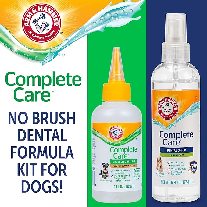 Arm & Hammer Complete Care Brushless Dental Kit for Dogs – Includes No-Brush Oral Gel + Dog Dental Spray, Fresh Breath, Tartar Control, Baking Soda Enhanced Dental Dog Supplies, 4 Fl Oz Each