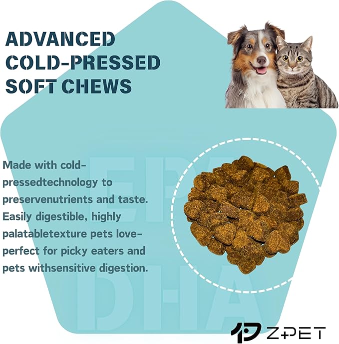 ZPET Skin & Coat Soft Chews for Dogs & Cats – Omega-3 Fish Oil & Lecithin Supplement, Supports Healthy Skin, Shiny Coat & Shedding Control, 150g
