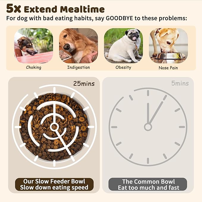 Elevated Slow Feeder Dog Bowl Large Breed, 8.4 Inch Ceramic Slow Eating Bowl with Bamboo Stand, Anti-Choking Raised Maze Design for Medium to Large Dogs, 3.2 Cup, Milky White