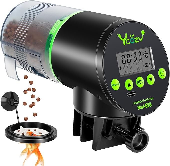 Ycozy Automatic Fish Feeder Rechargeable with USB Cable Moisture-Proof Intelligent Electric Fish/Turtle Feeder for Aquarium & Fish Tank (Plug Powered-EVS)