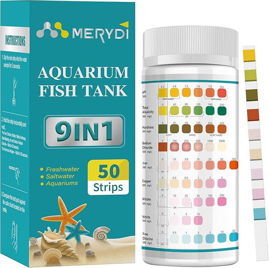 9-Way Aquarium Test Strips,50 Strips Aquarium Test Kit for Fish Tanks & Ponds, Quick & Accurate Water Testing Iron Copper Sodium Chlorine Nitrate Nitrite Total Alkalinity Hardness Free Chlorine pH
