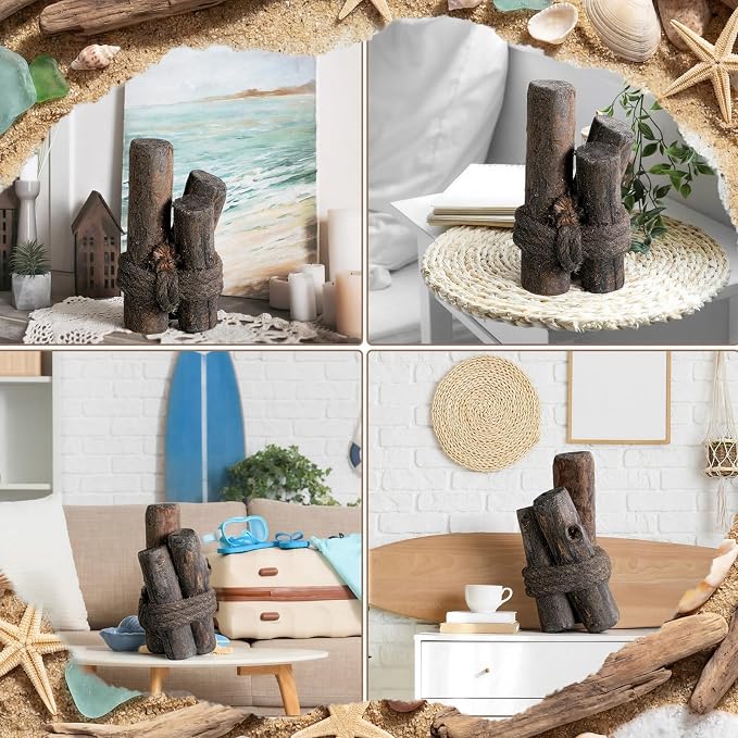 Threehoney 3 Pcs Driftwood Piling Rope Wrapped Coastal Nautical,Black | Artificial Wood Pilings as Beach Centerpieces, Farmhouse Rustic Table Decor, Coastal Accents for Dining and Aquariums