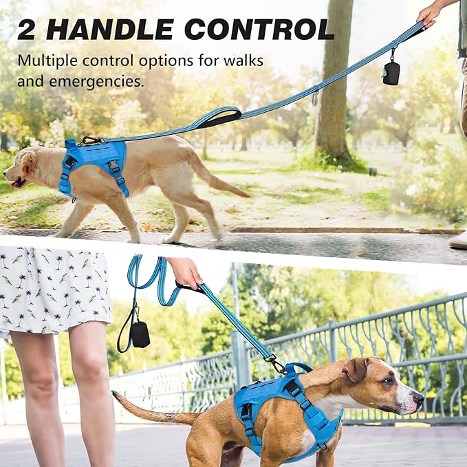 WINGOIN Dog Leash for Large Medium Small Dogs, Heavy Duty Dog Leashes with Double Handle, Poop Bag Holder, Car Seat Belt Buckle, Reflective Tactical Pet Lead for Walking, Training (Blue, 6FT)