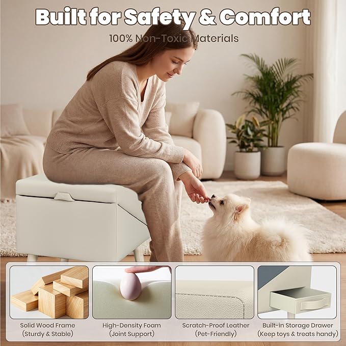 Dog Ramp for Couch and Bed, 17" H Stairs for Small to Medium Dogs and Cats Foldable Steps for Pets to Get on High Bed, Non-Slip Sturdy Ottoman Ramp with Storage Drawer, Beige