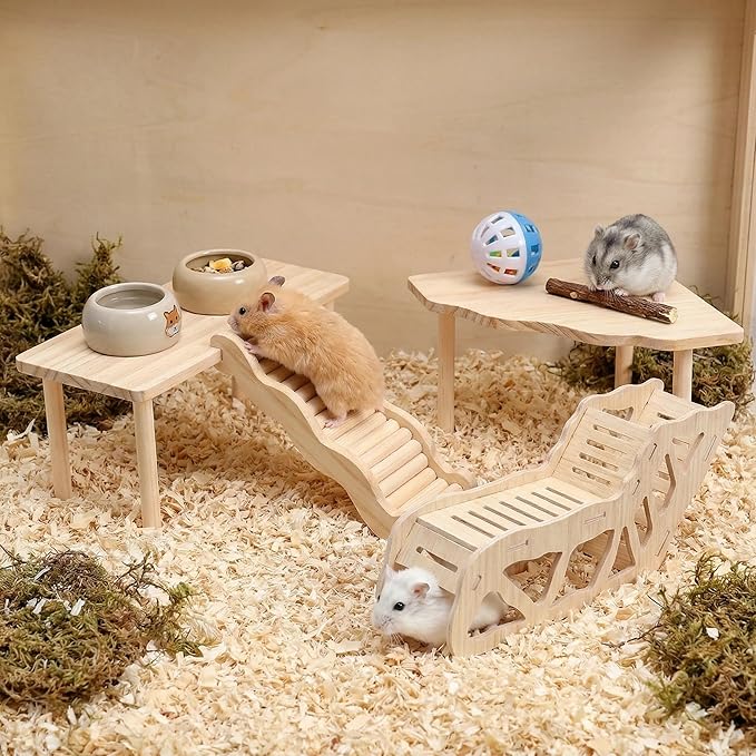4 Pcs Hamster Platform Wooden Tunnel Ladder Hidden Play House Hamster Game Climbing Toy with Platform, Decor Toy cage Accessories for Dwarf Syrian Mice Degus Gerbils Squirrel and Other Small Pets