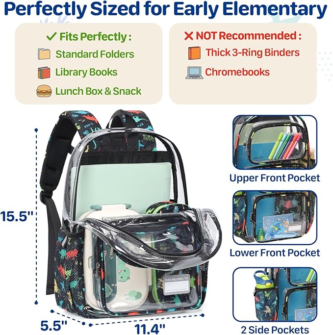 Bagseri Clear Backpack for Boys - 15 Inch Heavy Duty Kids Clear Bookbag for Kindergarten to Grade 2, Transparent School Bag with Reflective Strip, Fits Folders, Black Dinosaur