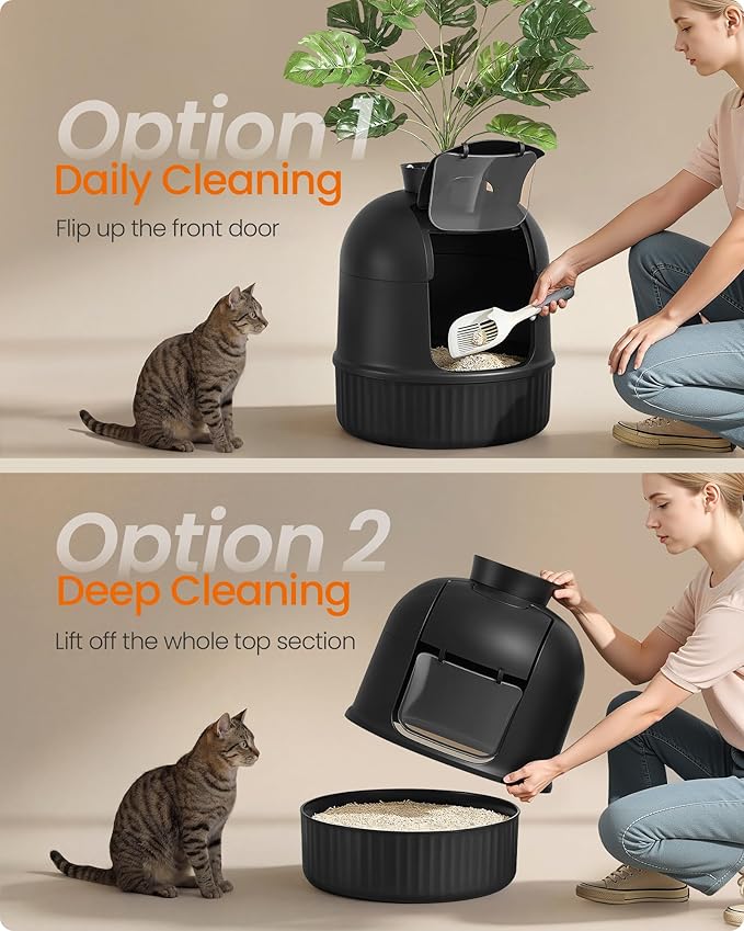 Feandrea Plant Cat Litter Box Enclosure with Artificial Plant, Enclosed Hidden Litter Box Furniture with Door, Carbon Filter, Odor Control, Pebbles, Scoop, Brush, Ink Black UPPT006B101