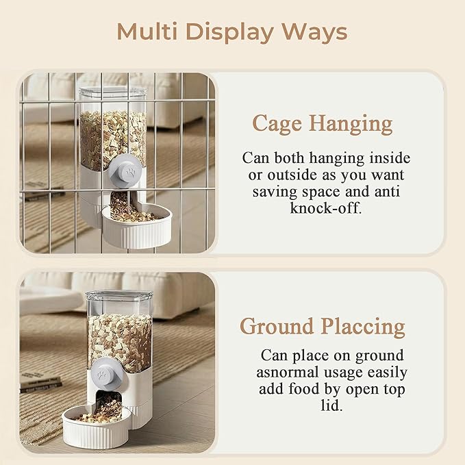 Auto Gravity Food Dispenser for Cage Hanging, 41OZ Capacity Hanging Automatic Pet Cage Feeder, Food Bowl for Cats Dogs Rabbit Ferret Chinchilla Bird Hedgehog Guinea Pig (White)