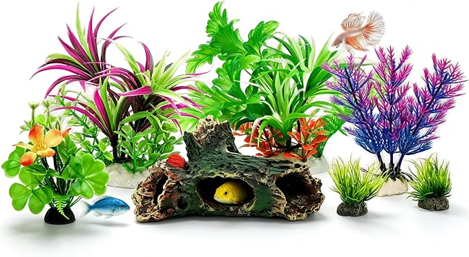 Fish Tank Decorations Artificial Small Resin Hideout Cave Plants | Resin hideout cave for fish tank decor, 6pcs aquarium decoration with lifelike plants, reduce stress for small tropical fish