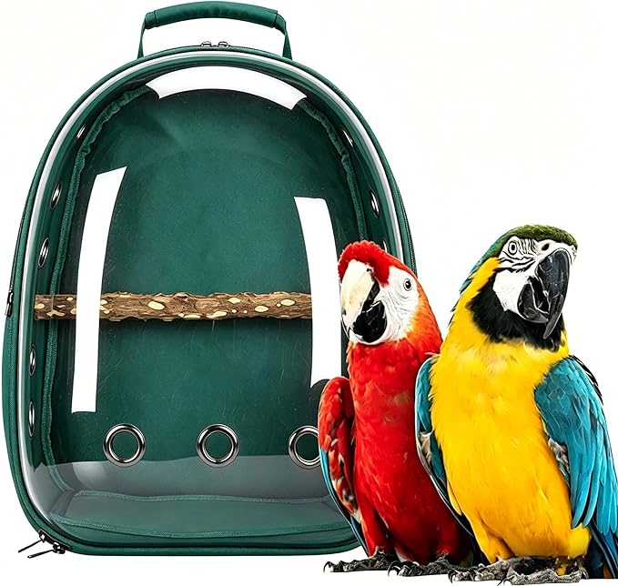 Bird Backpack, Lightweight and Breathable Outdoor Travel Backpack with 12 Breathable Holes, Wooden Pole, Adjustable Shoulder Strap for Birds and Pets (Green)