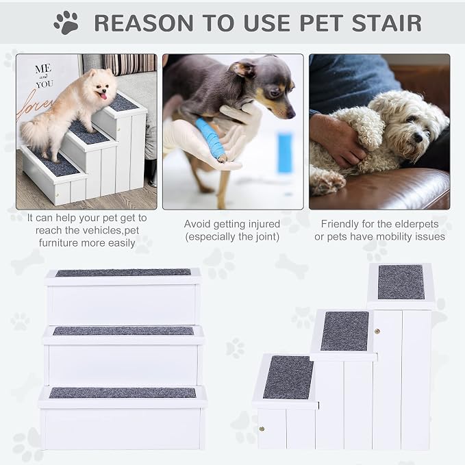 PawHut 3 Step Wooden Carpeted Non Slip Pet Stairs Ramp for Cats and Small Dogs - White