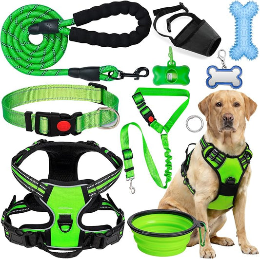 No Pull Dog Harness Adjustable Collar & Leash Set - Dog Halter Harnesses Collapsible Bowls & Poop Bag Dispenser Muzzle ID Tags Toys Fits Small Medium Large Dogs (Green-XL)