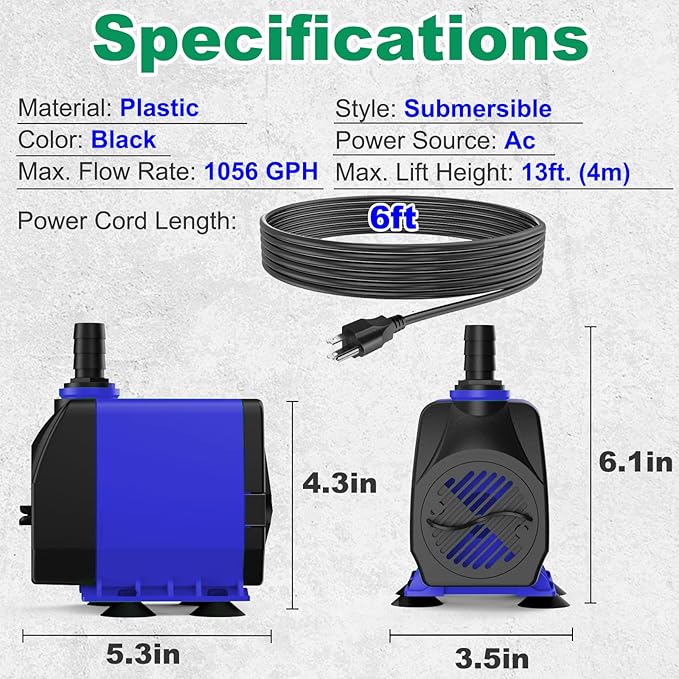Knifel Submersible Pump 1056GPH (4000L/H 85W) Ultra Quiet with Over Heating Protection 9.8ft Power Cord for Fountains, Hydroponics, Ponds, Aquariums & More…