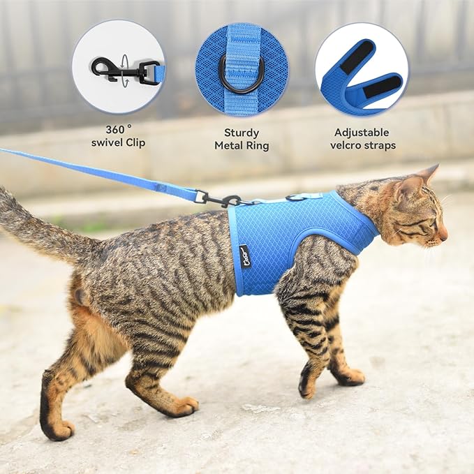 Kitty Harness and Leash for Walking Escape Proof Breathable Mesh Fabric, Solid Blue, Small, Adjustable Cat Walking Jackets, Padded Stylish Cat Vest