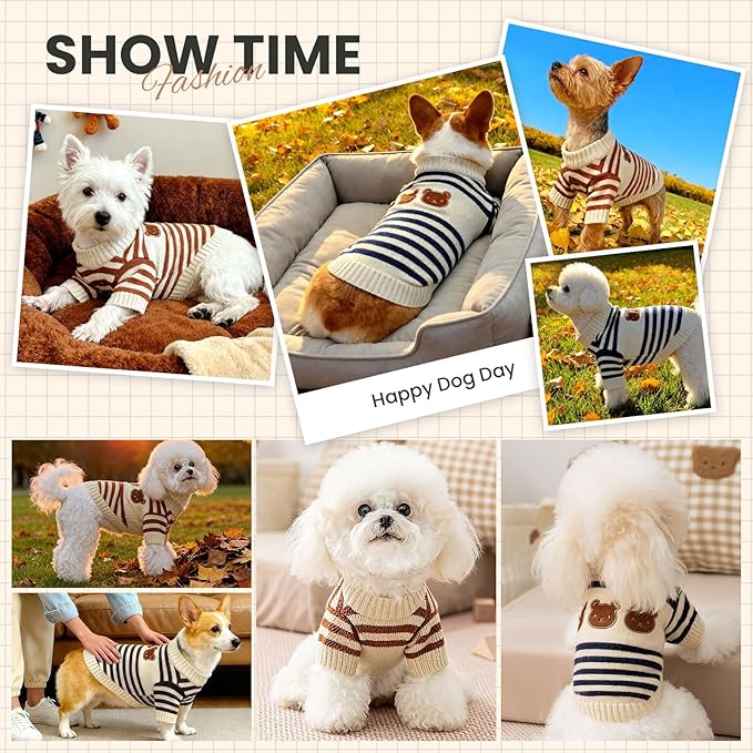 Dog Sweaters for Small Dogs with Cute Bear Pattern, Striped Soft Stretchable Fleece Warm Puppy Clothes for Small Dogs Cats, French Bulldog Chihuahua for Winter