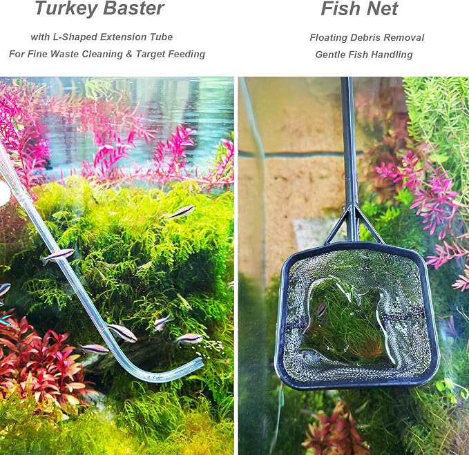 Aquarium Siphon Vacuum Kit with Turkey Baster, Fish Net for Tank Cleaning | Dual Vacuum Tubes; Brush Head; Gravel & Sand Cleaning; Water Change; Debris Removal; Flow Control Valve