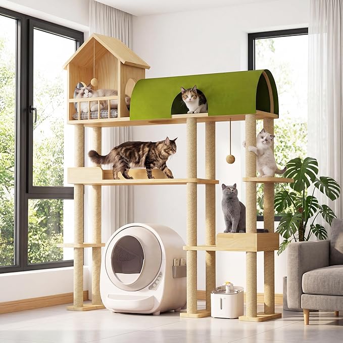 Cat Tree for Automatic Litter Box, 60Inch Large Cat Tower for Heavy Cats up to 22lbs, Solid Wood Cat Shelf with Condo, Space-Saving for Indoor Multi-Pet Households, Stops Furniture Scratching