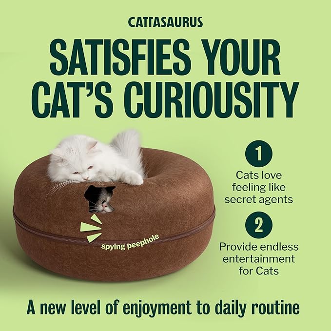 Cattasaurus Peekaboo Cat Cave Donut for Multiple & Large Cats up to 30-45 lbs, 3-in-1 Self Warming Cat Bed, Tunnel & Scratcher for Indoor Cats, Washable & Detachable Small Dog Bed (Brown, Large)
