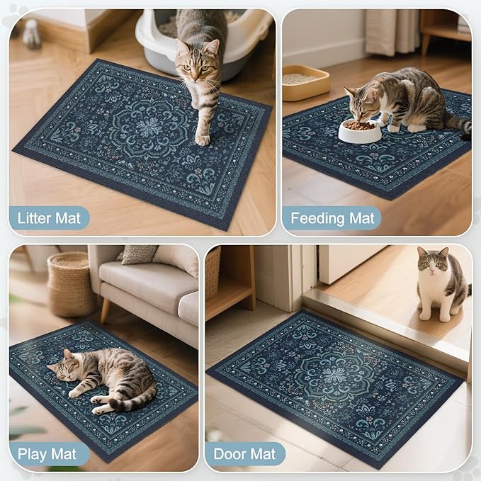 Unicorn Catcher Cat Litter Mat 24" x 15" Non-Slip Litter Box Mat Washable Litter Catcher Mat for Litter Box Indoor Food Mat Supplies Essentials,Navy Blue