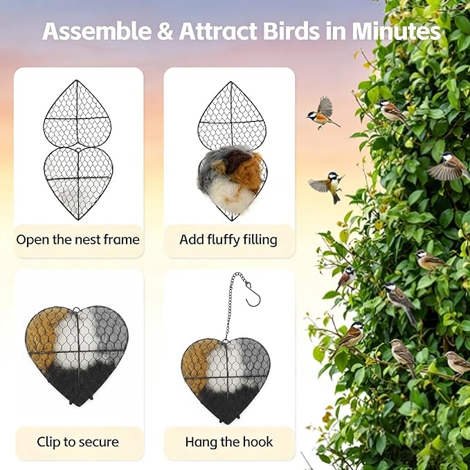Handmade Fiber Bird Nesting Heart, Alpaca Fiber Bird Material House,Hummingbird Nest Boxes for Outside, Winter Tree Shelter for Wild Birds, Gifts for Hummingbirds Lovers (1 PCS)