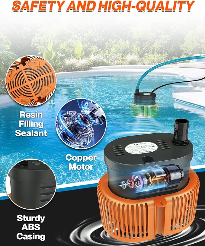 Pool Cover Pump above Ground - Submersible Water Sump Pump Swimming Water Removal Pumps, with Drainage Hose & 25 Feet Extra Long Power Cord, 850 GPH inGround, 3 Adapters