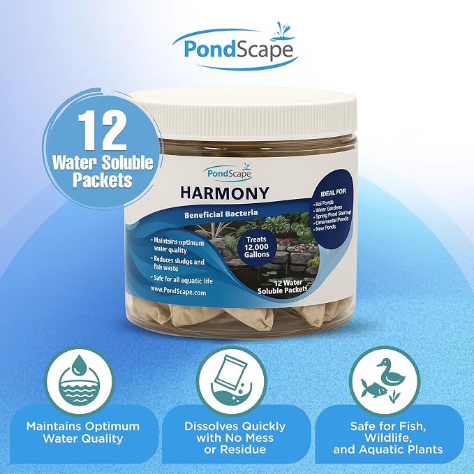 PONDSCAPE Harmony Beneficial Bacteria – Natural Clarifier Packets for Ponds, Waterfalls & Fountains – Supports Visual Clarity & Healthy Water Balance – 12 Packets