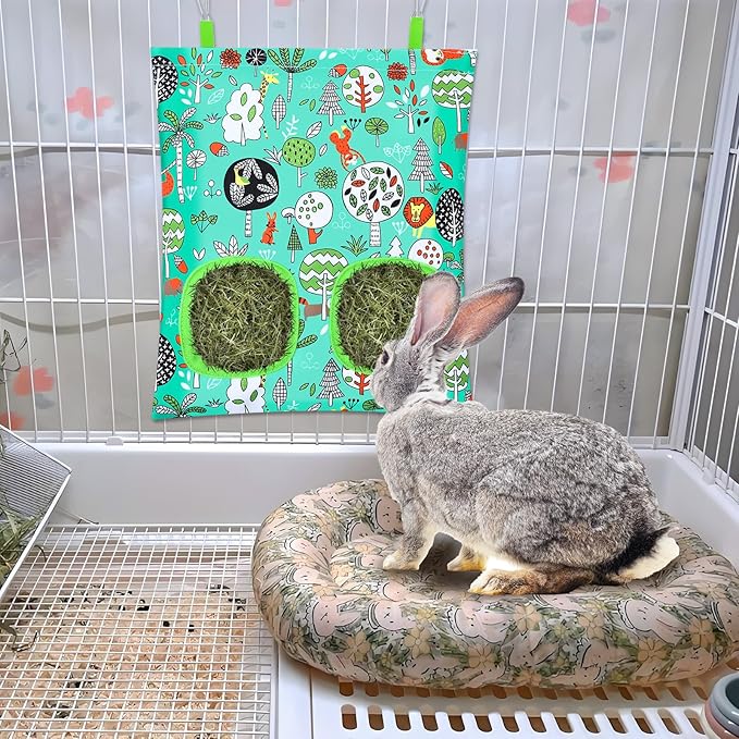 UPINS 3 Hay Bag for Rabbits 2-Hole Hanging Hay Feeder Guinea Pig Hay Bags, Hay Feeder for Chinchillas Rabbits Hamsters Small Pets and Animals(Forest Color System)