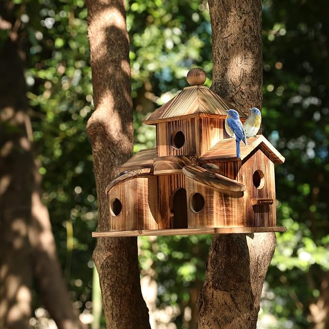 Bird Houses for Outside, Wooden 6 Hole Bird House Room for Multiple Birds, Outdoors Hanging Birdhouse Nesting Box for Garden, Bird Hotel for Wren Chickadee Sparrow