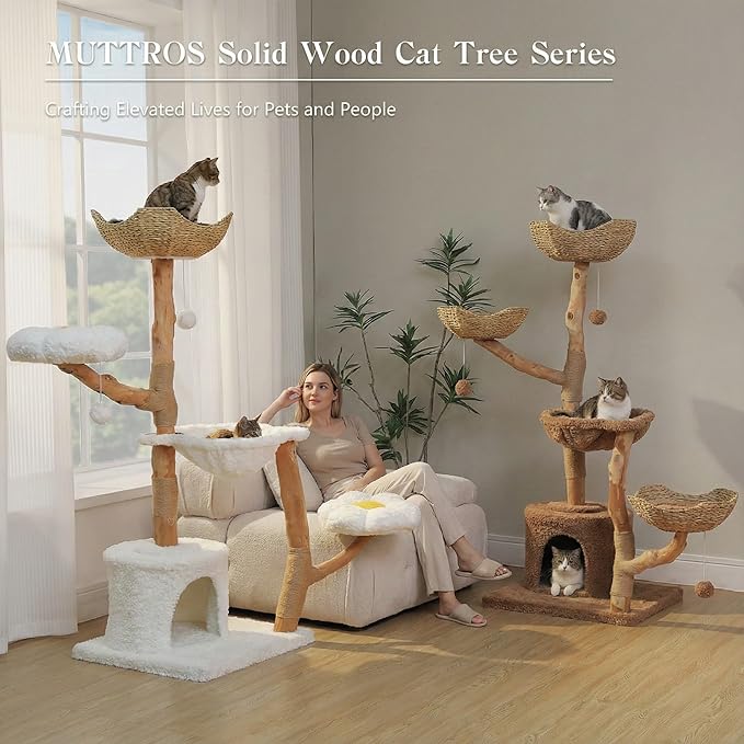 MUTTROS 59" Modern Cat Tree Tower for Large Cats w/2 Flower Perches-Natural Solid Wood Scratching Post with Real Branch-Luxury Boho Cat Furniture w/Condo & Wicker Basket Bed, Cloud White