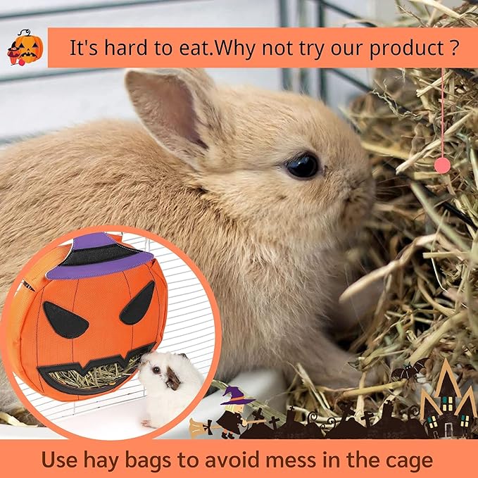 JanYoo Rabbit Hay Feeder Halloween Guinea Pig Accessories Hay Bag Hanging Rack for Small Animal Chinchilla(Pumpkin)