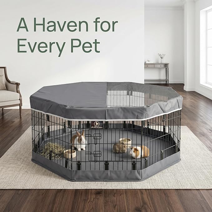 PJYuCien Dog Playpen with Top Cover and Bottom Pad - Metal Foldable Exercise Pen, 8 Panels 24" H x 24" W Indoor Outdoor Pet Fence Puppy Crate Kennel, Gray