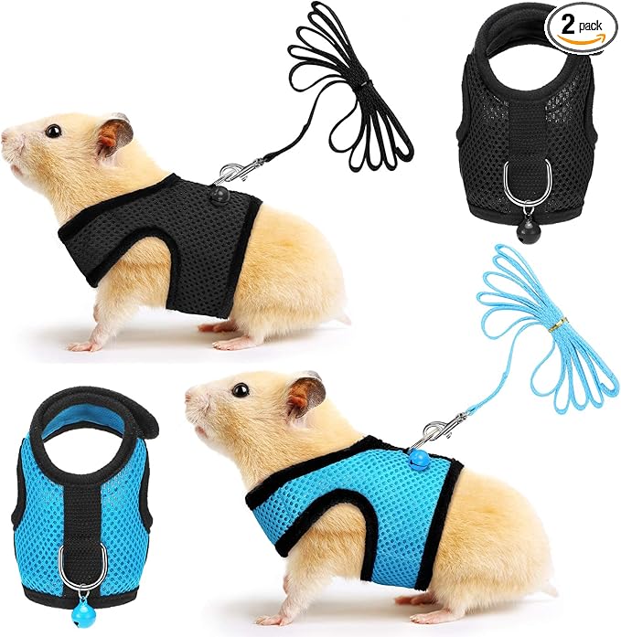 SATINIOR 2 Sets Guinea Pig Harness and Leash Adjustable Soft Mesh Harness Bell No Pulling Comfort Vest for Baby Ferret Rats Hamster Bunny Rabbit Chinchilla and Small Pet(Blue, Black,S)