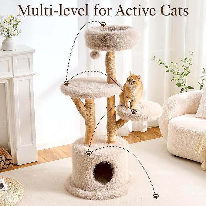 HITTITE Natural Wood Cat Tree Tower with Scratching Post, 53.5 Inches Tall Modern Cat Tower with Cozy Bed and Condo, Luxury Real Branch Cat Tree for Indoor Cats Large Adult, Khaki.