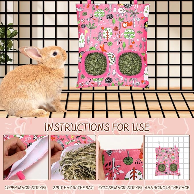 UPINS 3 Hay Bag for Rabbits 2-Hole Hanging Hay Feeder Guinea Pig Hay Bags, Hay Feeder for Chinchillas Rabbits Hamsters Small Pets and Animals(Forest Color System)