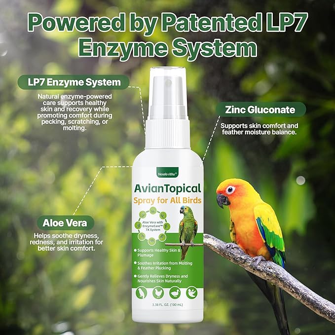 Avian Care Topical Spray for All Birds, Aloe Vera Bird Spray for Dry Itchy Skin, Molting and Feather Stress Support, Gentle Topical Care for Skin Comfort and Healthier Looking Plumage, Daily Use