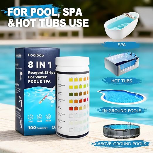 Pooloob 8-in-1 Pool and Spa Test Strips, 100 Count Water Testing Kit for Saltwater & Chlorine Pools - Tests pH, Salt, Free Chlorine, Bromine, Alkalinity, Hardness, Cyanuric Acid & Total Chlorine