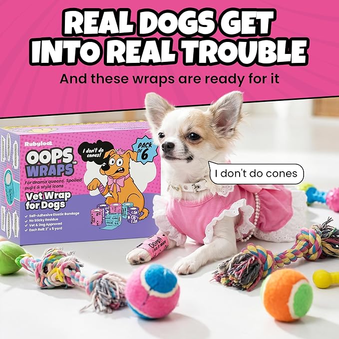 Vet Wrap for Dogs – Funny Dog Bandage for Wounds – Girls 6 Pack 2" Self-Adhesive Vet Tape – Breathable Pet Wrap Bandage for Hot Spots & Injuries – Dog First Aid Kit Supplies – Oops Wraps by Rubyloo