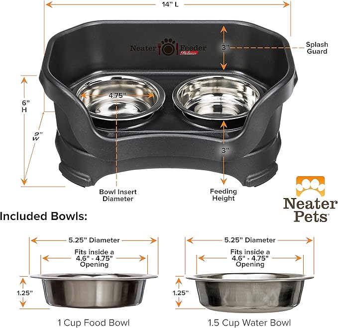 Neater Pet Brands Neater Feeder Deluxe Mess Proof Cat Bowls Elevated, Made in USA, No Spill Raised Bowls for Indoor Cats, Stainless Steel Food and Water Bowl Set, Pet Dish Feeding Station, Black
